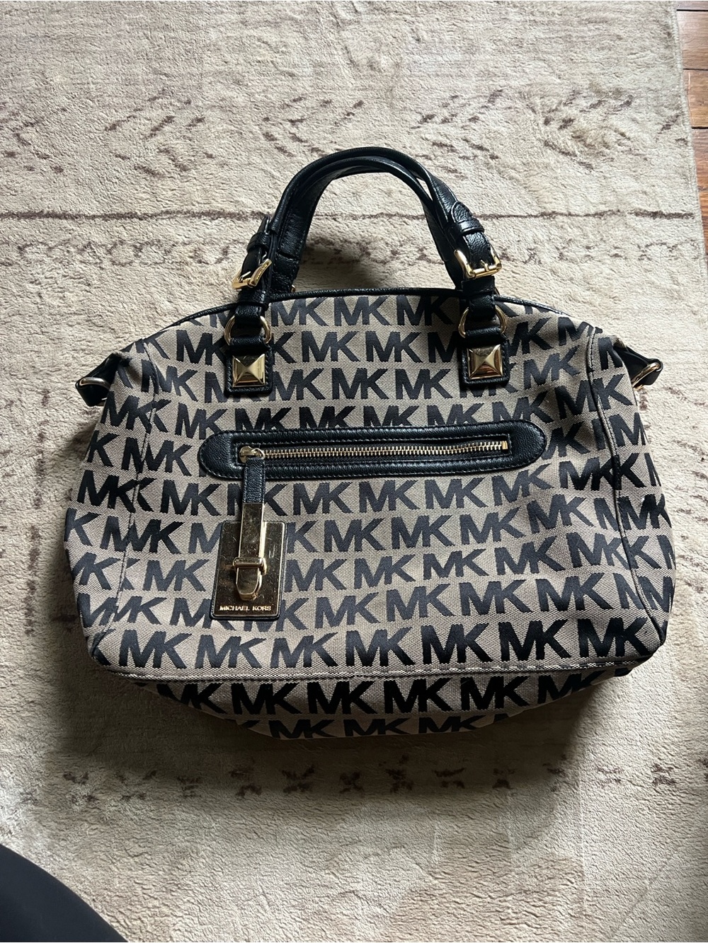 Michael Kors Calista Tan and Black MK Logo Satchel with Gold Hardware